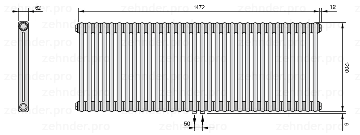 Схема (чертеж) Радиатор Zehnder Charleston 2120/32 №5410 Белый глянцевый RAL 9016